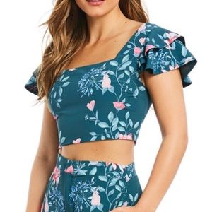 ENDLESS ROSE Revolve Green Floral Ruffle Sleeve Crop Top | Small NWT